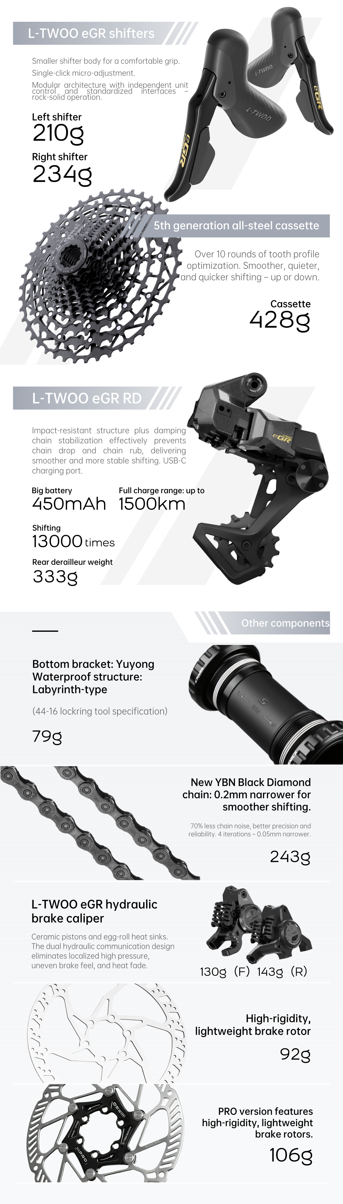 L-TWOO eGR shifters, cassette, rear derailleur, chain and hydraulic brakes