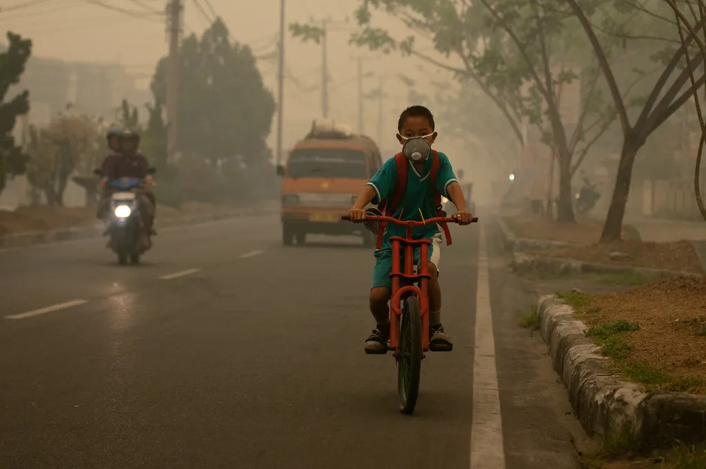 A child riding a bicycle in smog wearing a mask due to pollution level