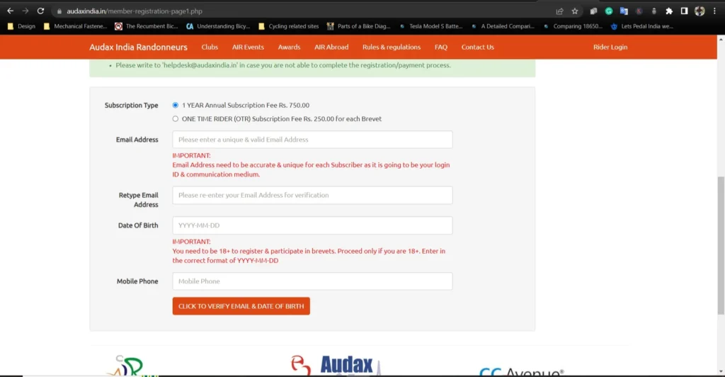 Audax India Registration Details page.