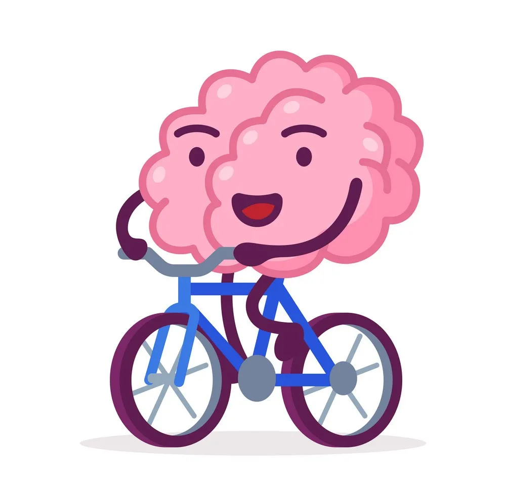 An Illustration of a brain riding a bicycle happily.