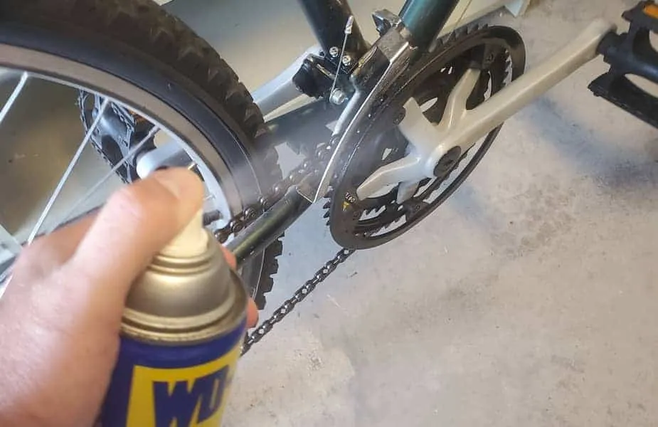 A person spraying his bike chain with a lubricant.