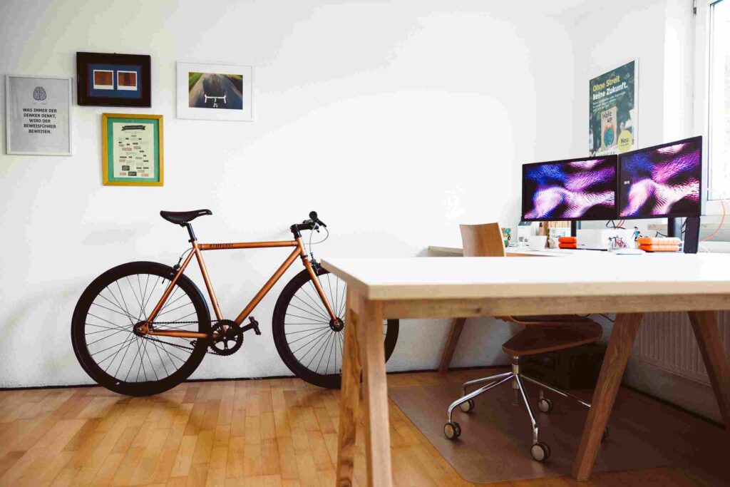 A bicycle is parked in the room.
